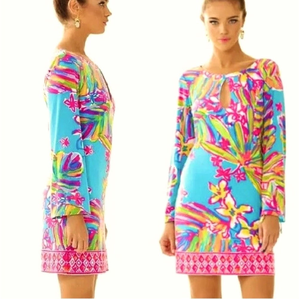 Lilly Pulitzer Women Blue Pink Tropical Floral Keyhole Shift Dress Size S